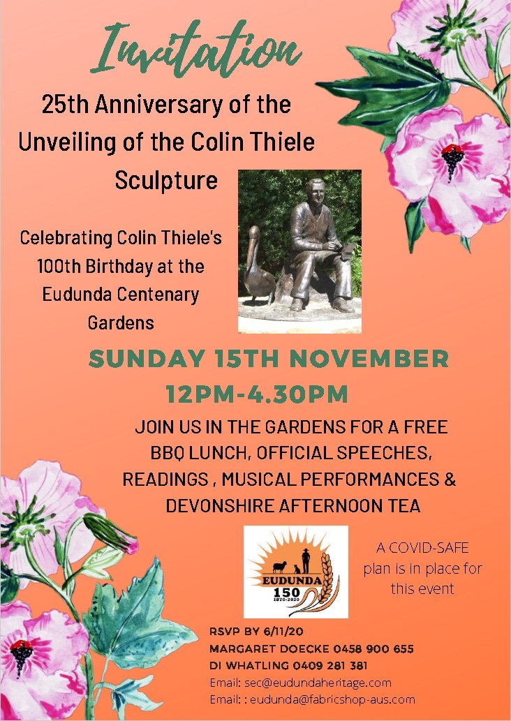 15th Nov - 25th Anniversary Sculpture Unveiling & Colin Thiele's 100th Birthday