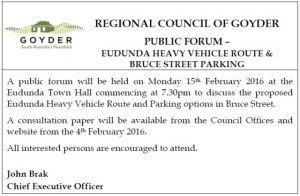 RCOG advert for Public Forum on Heavy Vehicle Transport and Parking in Bruce St