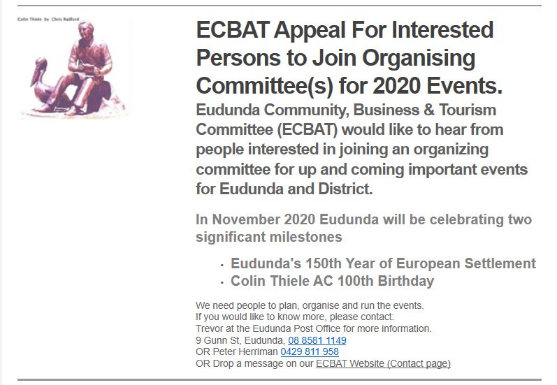 ECBAT Appeal for Organising Committee - Eudunda 150th & Colin Thiele 100th