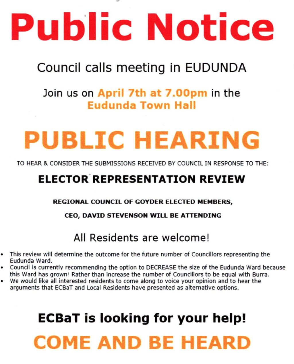 ECBAT - Please come to Public Meeting Council Representation Review - 7th Apr 2021