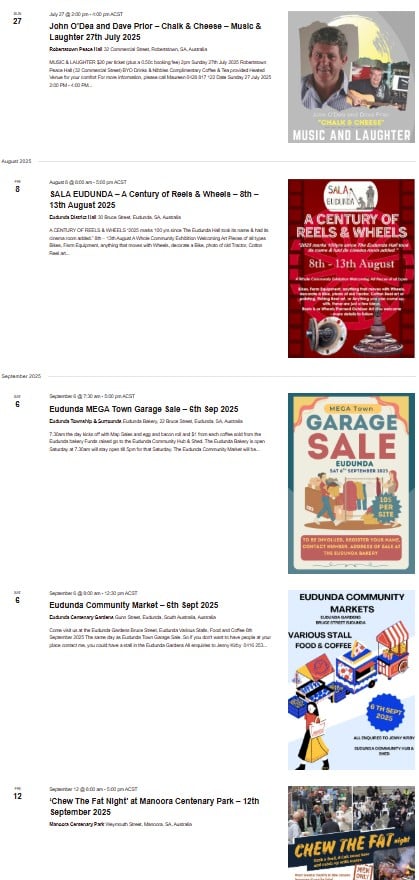 EVENTS on Eudunda Tourism website - July 2025