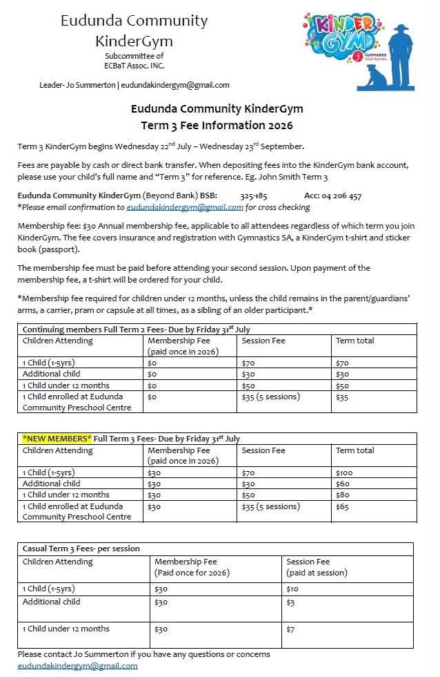 Eudunda Community KinderGym Term 3 Info