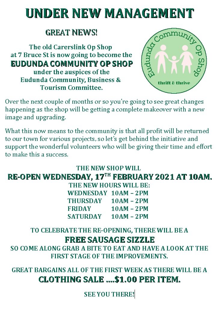 Great News 2 - Grand Opening and BBQ - Eudunda Community Op Shop - 17th Feb 2021