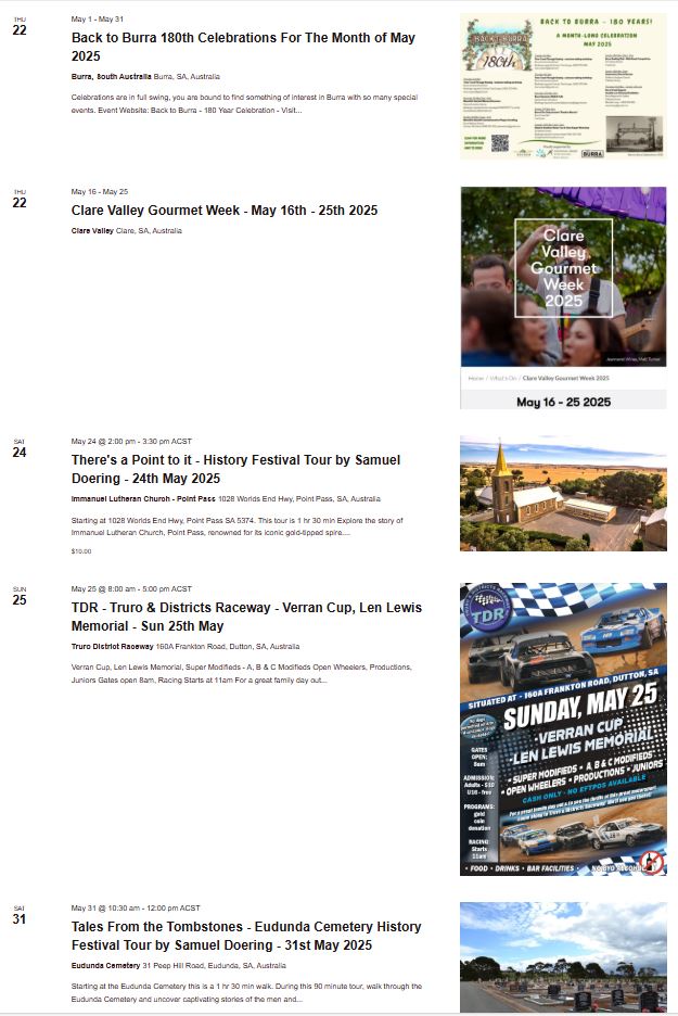 Visit Eudunda Events Calender Updates 22nd May 2025