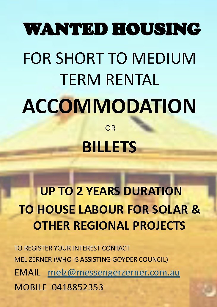 Wanted - Housing, Accommodation, Billets for Upcoming Solar & Regional Projects - Flier